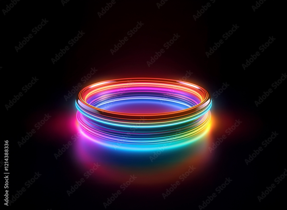 Aufkleber Vibrant, multicolored neon rings glow intensely on a dark reflective surface, creating a captivating, circular light display.  The concentric circles suggest depth and energy.