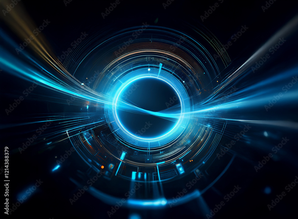 Poster abstract digital art depicting a glowing blue circular portal surrounded by streaks of light, sugges