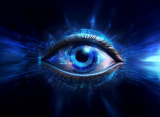 Obraz premium A futuristic eye, glowing with vibrant blue digital energy, radiates technological power and unseen potential. Its iris pulses with intricate circuitry, suggesting advanced surveillance or perception
