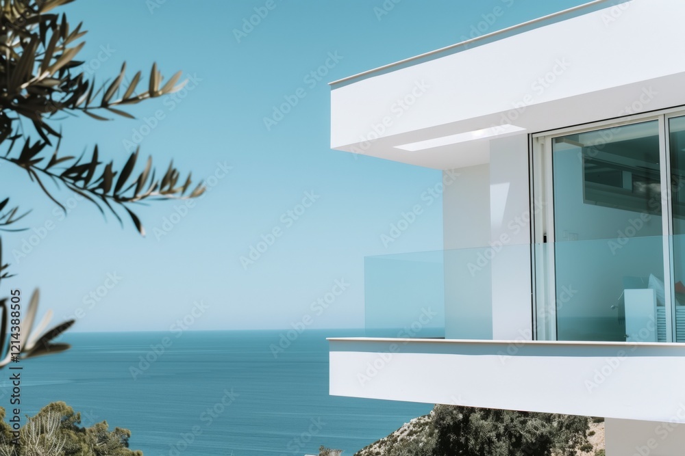 Poster A white building with a balcony overlooking the ocean. The balcony has a glass railing and a view of the water. AI generated.