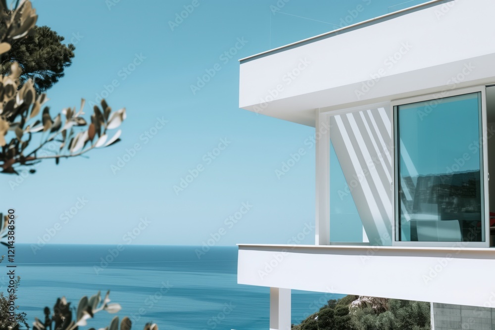 Poster A white building with a balcony overlooking the ocean. The balcony has a large window that lets in a lot of natural light. The building is situated on a hill. AI generated.