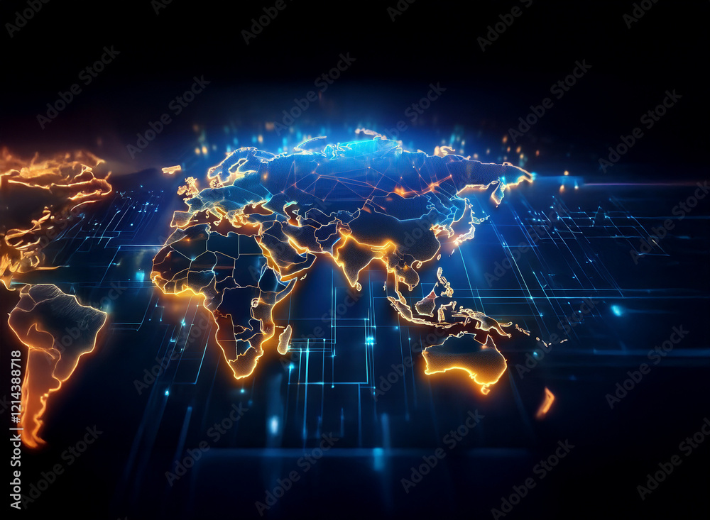 Poster A glowing digital world map, showcasing global interconnectedness through illuminated lines representing data flow and communication networks.  The continents are outlined in vibrant orange and blue h