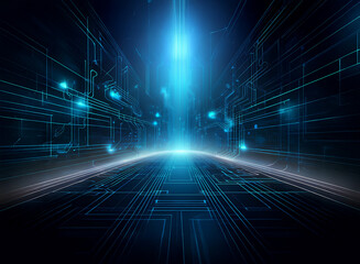 Abstract digital landscape; glowing blue pathways converge into a bright light, suggesting a futuristic, technological advancement or a journey into the digital realm.  Circuitry patterns line the wal