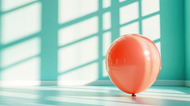 A vibrant orange balloon captured in mesmerizing sunlight casts interesting shadows on a tranquil backdrop, symbolizing celebration, fun, and creativity in a modern environment.