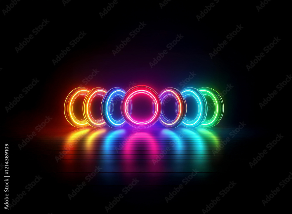 Aufkleber vibrant rainbow neon rings glow intensely on a dark reflective surface, creating a mesmerizing circu