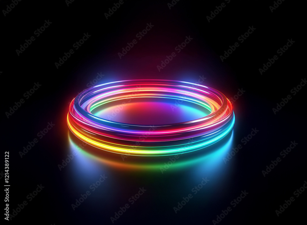 Aufkleber vibrant, multicolored neon rings glow brightly on a dark reflective surface, creating a captivating,