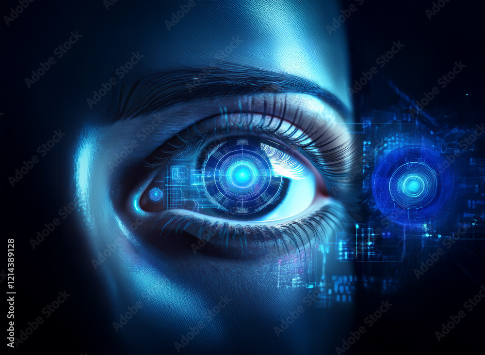Poster close-up of a futuristic eye, glowing blue, with integrated digital circuitry. the image suggests te