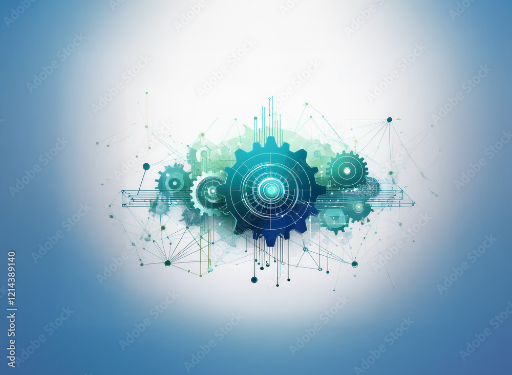 Poster Abstract illustration depicting interconnected gears and network nodes, symbolizing technological synergy and global connectivity within a cloud-like formation.