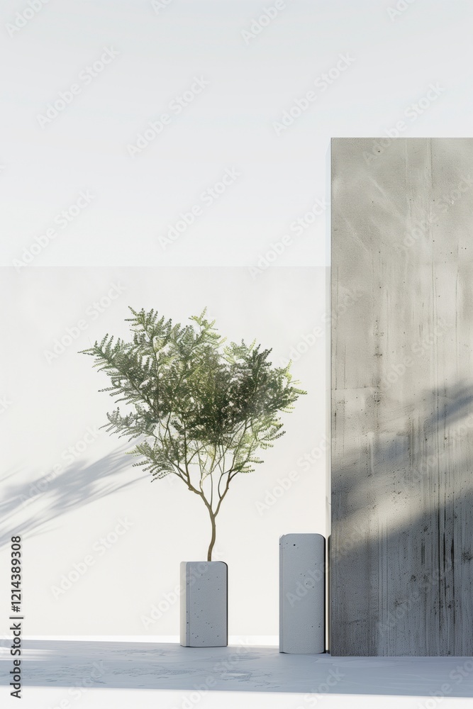 Leinwandbilder a small tree is in a white vase next to two concrete pillars. the scene is simple and minimalistic, 