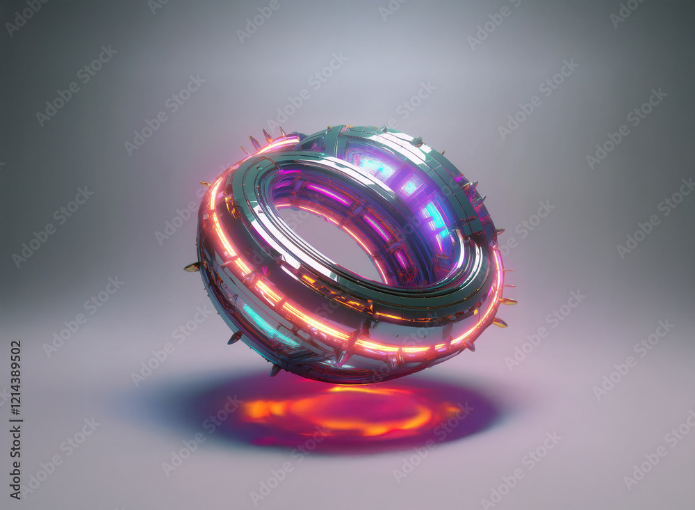 Poster a chrome, spiky sphere with vibrant neon inner rings glows on a light grey background. its metallic 