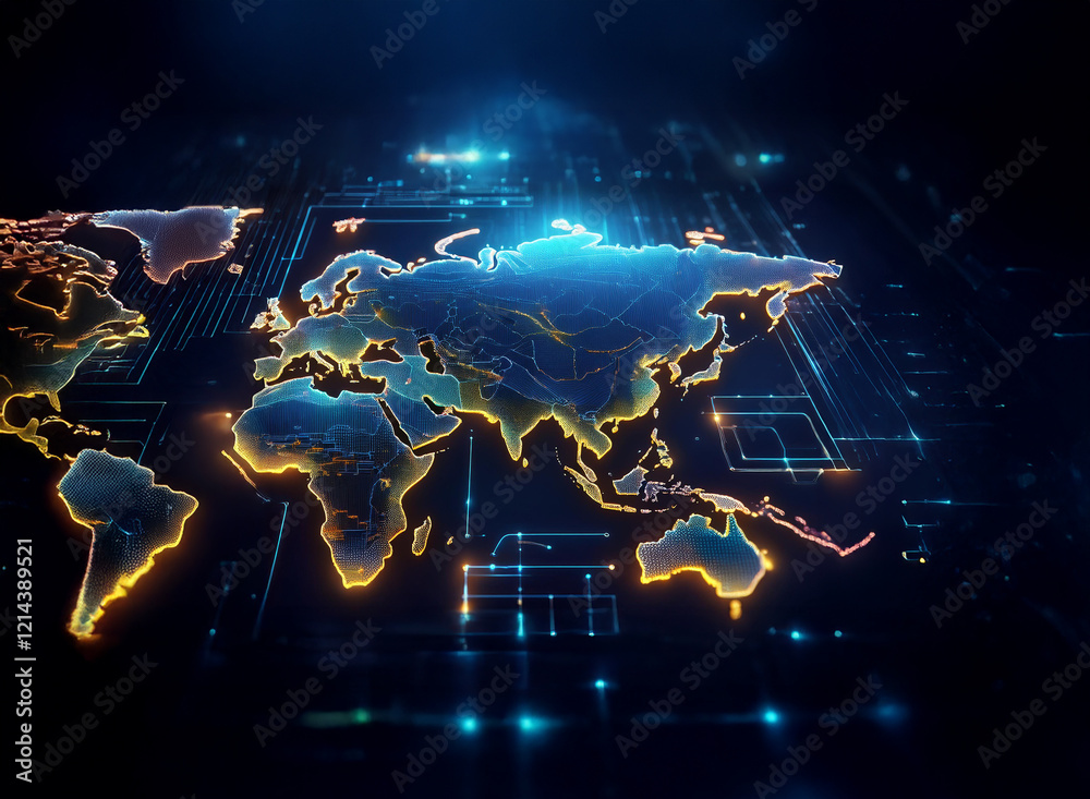 Aufkleber a glowing digital world map is superimposed on a circuit board, illustrating global connectivity and