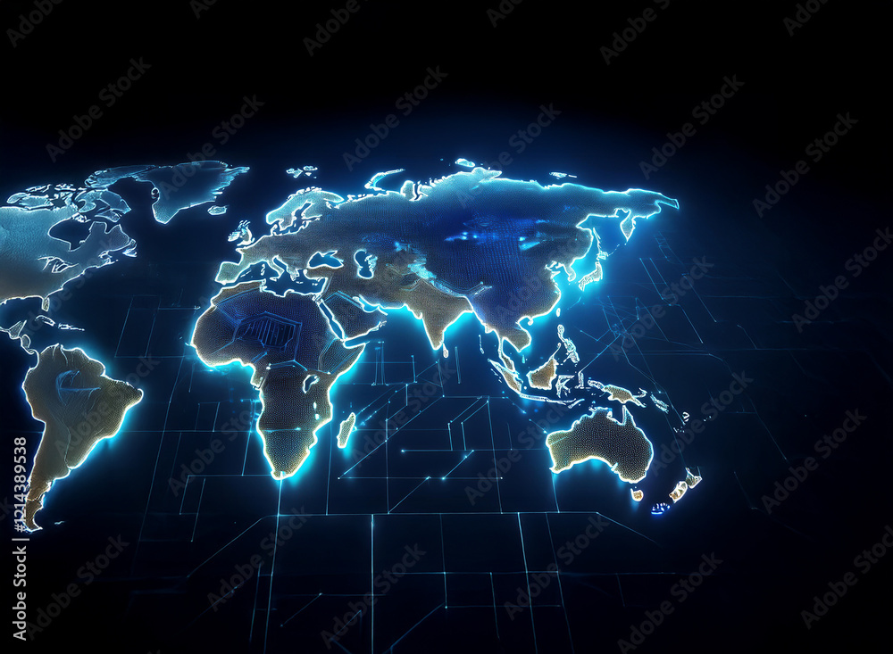 Poster glowing world map digitally rendered, circuit board design underneath, highlighting global connectiv