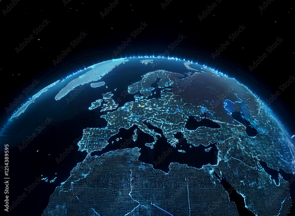 Poster a glowing digital rendering of earth at night, showcasing the illuminated cities of europe and surro