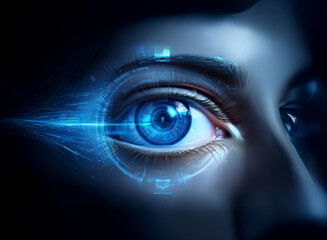Close-up of a woman's eye, digitally enhanced with glowing blue futuristic elements.  The iris is vibrant, and the technology seems integrated with the eye itself.
