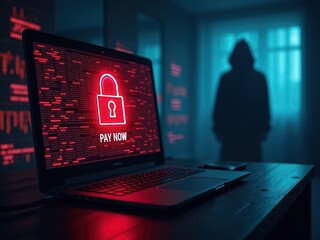 Cybersecurity threat with hacker silhouette behind a laptop displaying a ransom message in a dimly lit environment