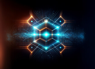 Abstract digital artwork depicting a glowing, hexagonal core with circuitry, emitting light and energy.  Suggests technology, connection, and innovation.