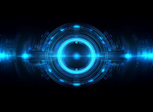 Abstract digital art depicting a glowing blue circular interface, radiating energy and technological advancement.  Hints of circuitry and futuristic design elements are prominent.