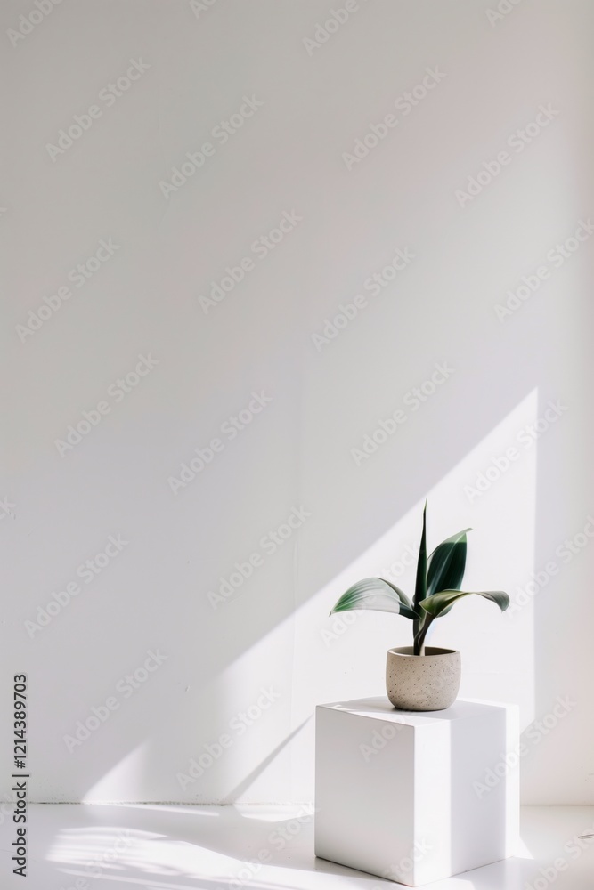 Poster a small plant sits on a white pedestal in a room with a white wall. the plant is the only object in 