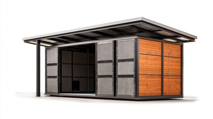Modern Tiny House with Wood Accents: A contemporary tiny house boasts a sleek design with wooden accents and a sliding door, offering a compact yet stylish living space. 