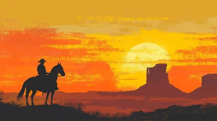 Fototapete Rund Cowboy silhouette galloping across Monument Valley's desert landscape during golden hour sunset © Denys