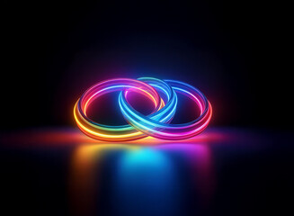 Two vibrant, interconnected neon rings glow brightly against a dark background, their colorful light reflecting on a glossy surface.  The image evokes a sense of connection and unity.