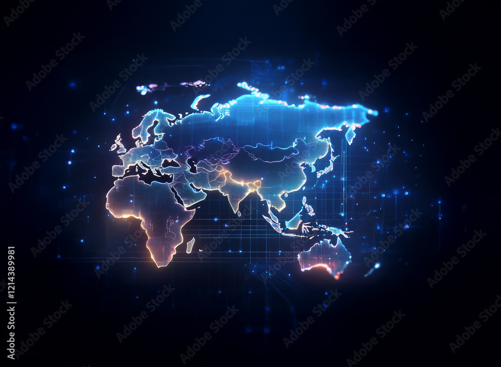Aufkleber A glowing, digital world map illuminates the dark background, showcasing interconnected continents with vibrant, pulsating lines.  Global network, data flow, futuristic technology are highlighted.