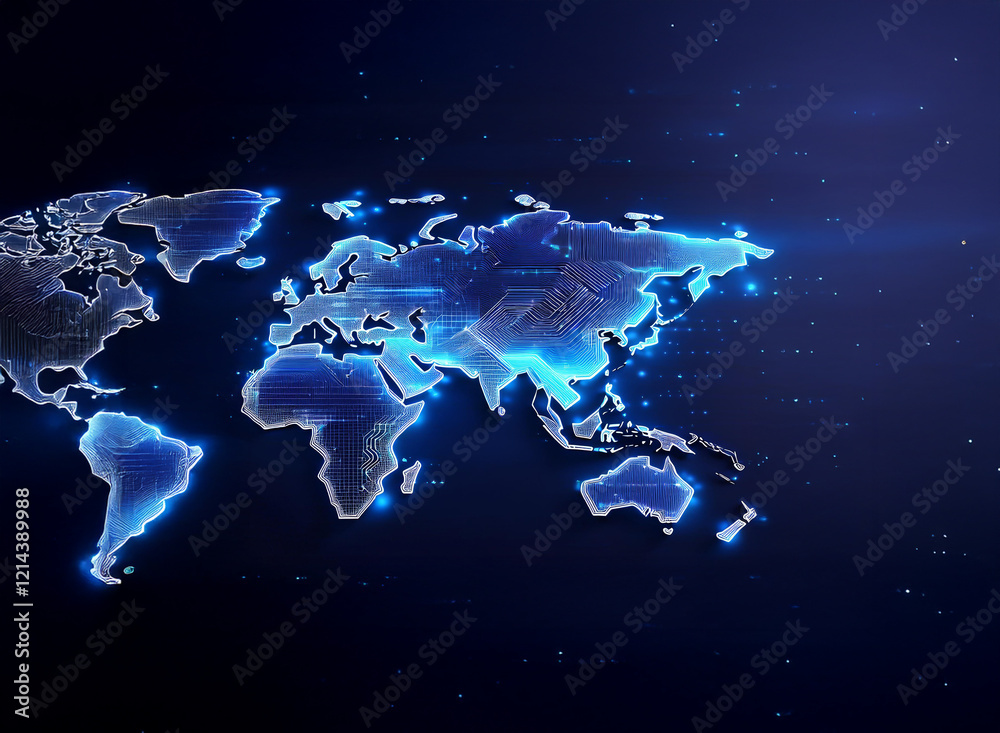 Poster glowing digital world map, showcasing global connectivity and data flow. nodes illuminate major regi