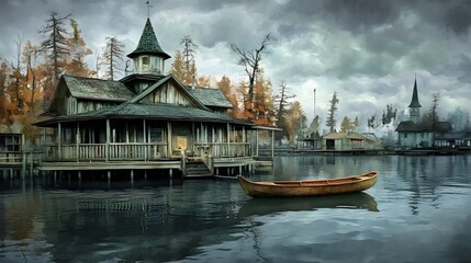 Naklejka premium Serene Lake House Autumn Reflections Wooden Rowboat