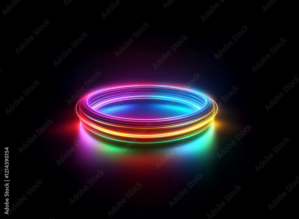 Aufkleber vibrant, multicolored neon rings glow brightly on a dark background, creating a captivating circular