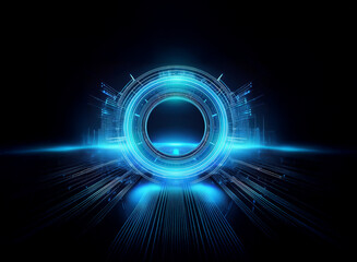 Glowing blue circular portal, futuristic tech design, digital interface, dark background, abstract energy.  Lines radiate from center.