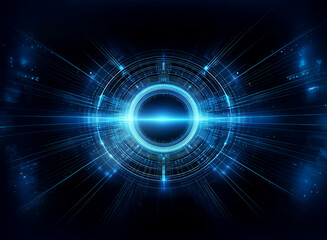Fototapeta premium Abstract digital art depicting a glowing blue circular interface with radiating light streaks against a dark background. The image evokes themes of technology, energy, and futuristic design.