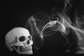 Human skull on a black background in smoke.