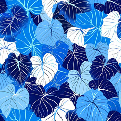 A vibrant pattern of blue and white tropical leaves on a contrasting background.