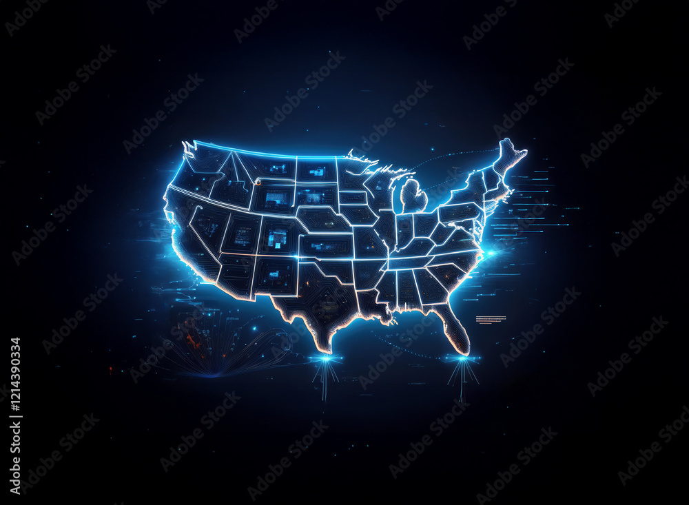 Poster Glowing digital map of the United States, showcasing data points across each state.  Network connections highlight interstate relationships. Futuristic, technological representation of nationwide data