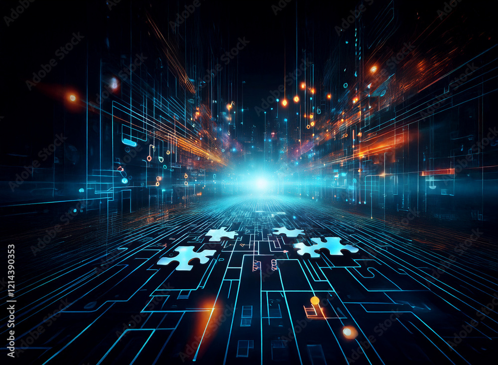 Poster Abstract digital landscape, glowing circuit pathways converging towards a bright light source.  Puzzle pieces lie at the vanishing point, suggesting solutions or connections.  Future, technology, inno