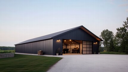 A large, contemporary farm shed with a metal exterior