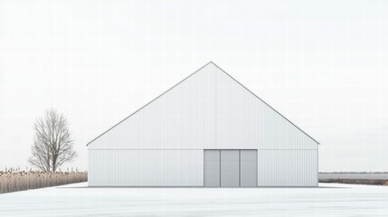 Fototapeta premium Minimalist Architecture: A stark white, triangular-shaped building with a large sliding door stands out against the winter landscape, creating a sense of stark beauty and minimalism. 