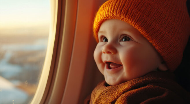 A joyful baby wearing an orange hat smiles brightly while looking out of an airplane window as the sun sets, filling the cabin with warm light and wonder.