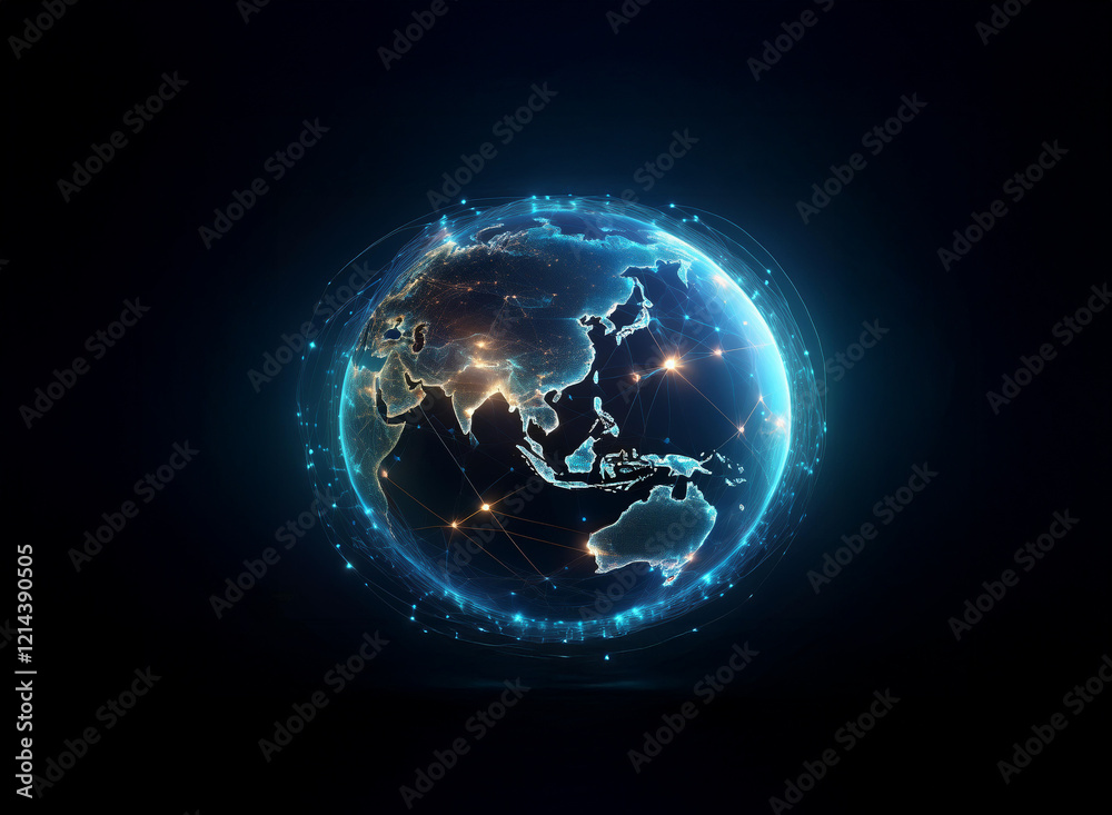 Poster a glowing digital globe, showcasing asia and australia, is encircled by a network of interconnected 