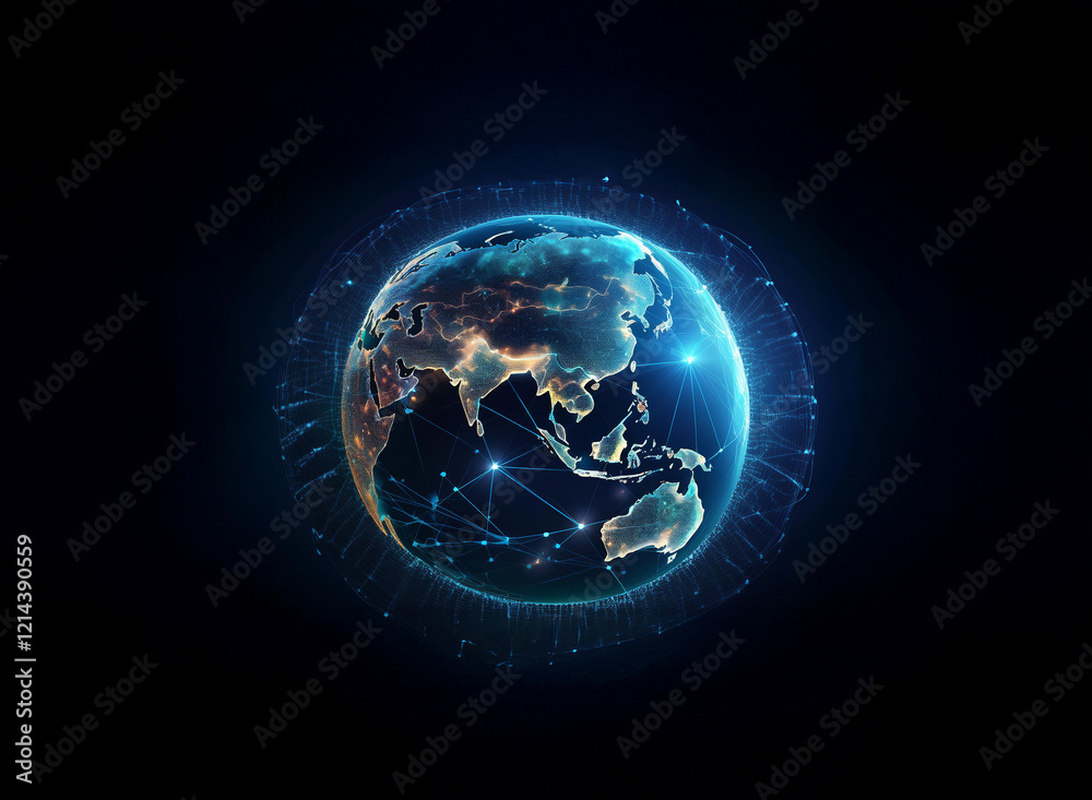Poster A glowing digital Earth, encircled by a network of interconnected nodes, representing global communication and data flow.  The dark background emphasizes the interconnectedness.