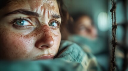 A close-up portrait of a concerned woman with striking green eyes, expressing deep emotions, capturing a moment of vulnerability and fear in her gaze.