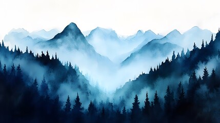 Fototapeta premium Blue Misty Mountain Range Watercolor Painting