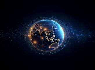 A glowing digital Earth, encircled by a network of connecting lines and nodes, representing global connectivity and data flow.  The image suggests a futuristic, technologically advanced world.