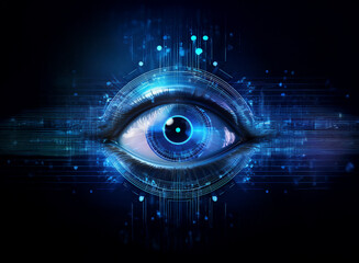 A stylized eye, glowing blue, is encircled by digital circuitry, suggesting technological surveillance or advanced vision.  The dark background enhances the eye's luminescence and technological aspect