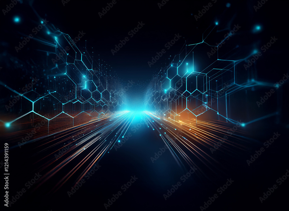 Aufkleber Abstract digital art depicting a glowing highway of hexagonal patterns and light streaks, representing technological advancement and connectivity in a dark futuristic setting.