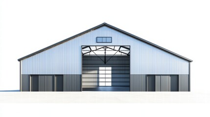 Modern Metal Barn: Architectural rendering of a spacious metal barn with a gambrel roof, large roll-up doors, and a combination of light blue and dark gray metal siding.