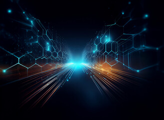 Fototapeta premium Abstract digital art depicting a glowing highway of hexagonal patterns and light streaks, representing technological advancement and connectivity in a dark futuristic setting.