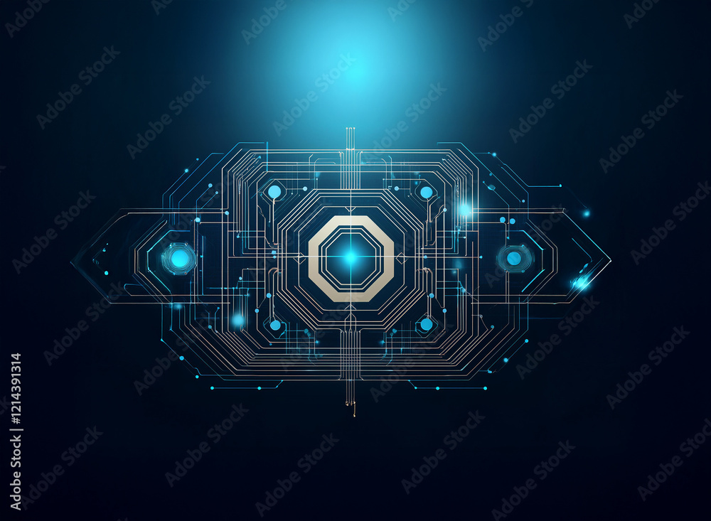 Poster abstract digital artwork featuring a glowing, geometric circuit design. intricate lines and shapes c