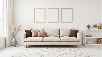 Obraz premium Cream-colored couch rests elegantly on polished horizontal wooden flooring, complemented by a chic gray-and-white rug below. The inviting indoor scene exudes cozy sophistication. (97 characters)