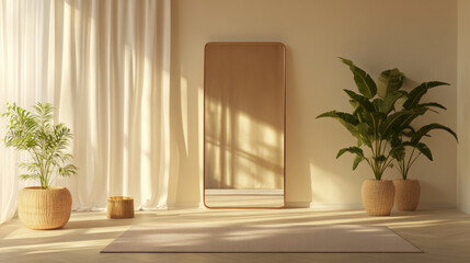 serene yoga room featuring large mirror, potted plants, and soft natural light. warm tones create calming atmosphere, perfect for relaxation and mindfulness